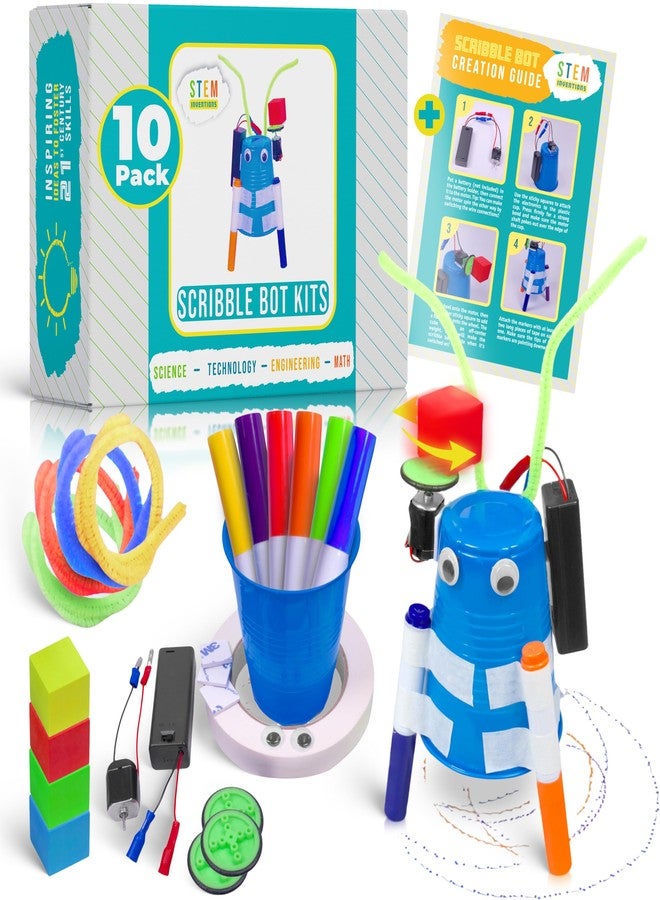 STEM Inventions DIY Doodle Scribble Bot Kit - Bulk Pack of 10 Drawing Motorized Doodle Art Robot Projects for Kids - STEM & STEAM Classroom Robotics Activity - Image 1